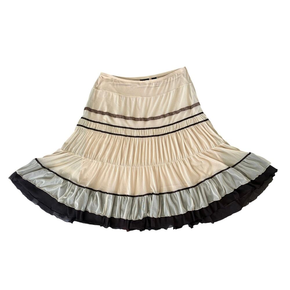 Y2K Balletcore Mesh Tiered Midi Skirt XL Cream Brown Coquette Fairy Grunge
